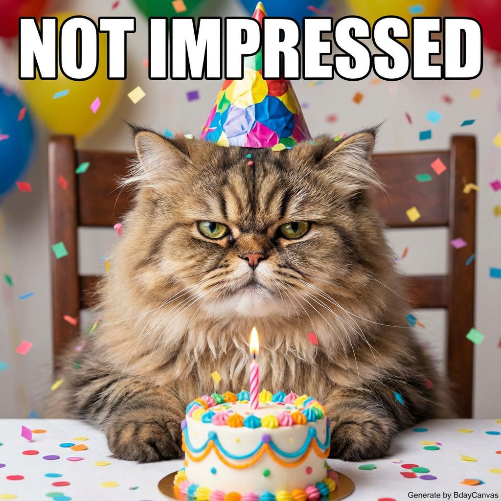 A grumpy cat wearing a birthday hat staring at a cake