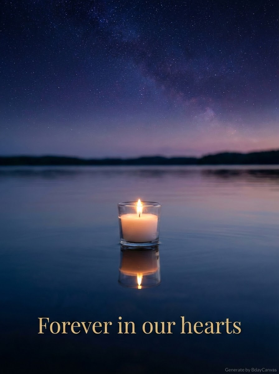 A single lit candle floating on a calm lake at twilight
