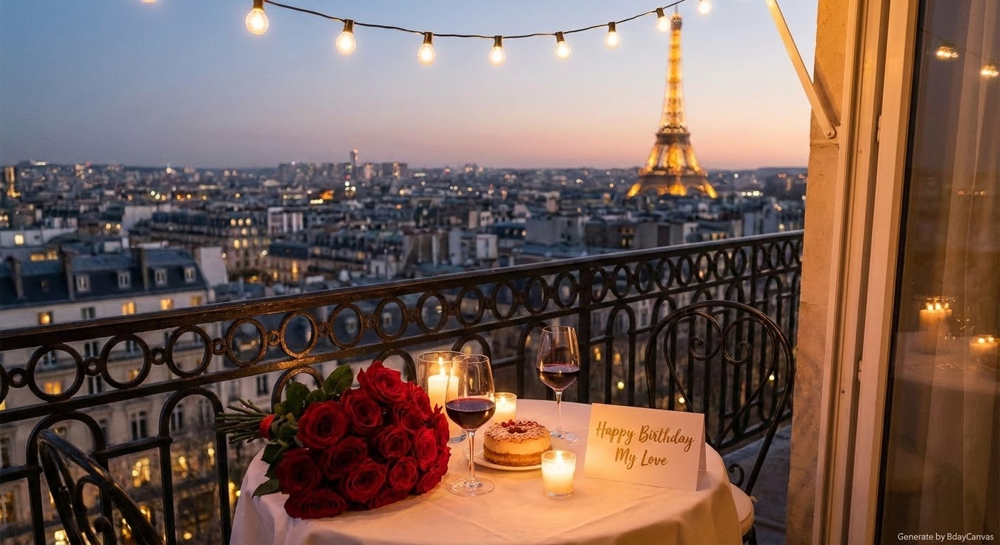 A candlelit dinner table on a balcony overlooking Paris at night