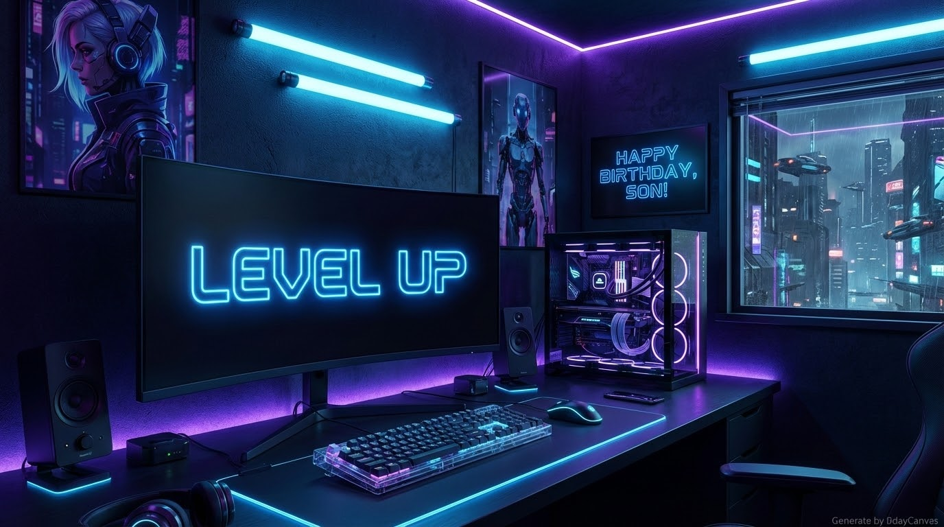 A futuristic gaming setup with neon blue and purple lights