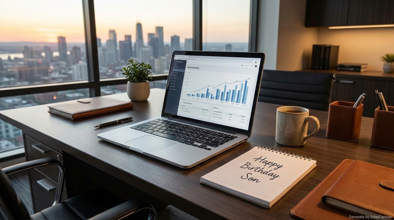 A sleek modern office desk with a laptop and a cup of coffee